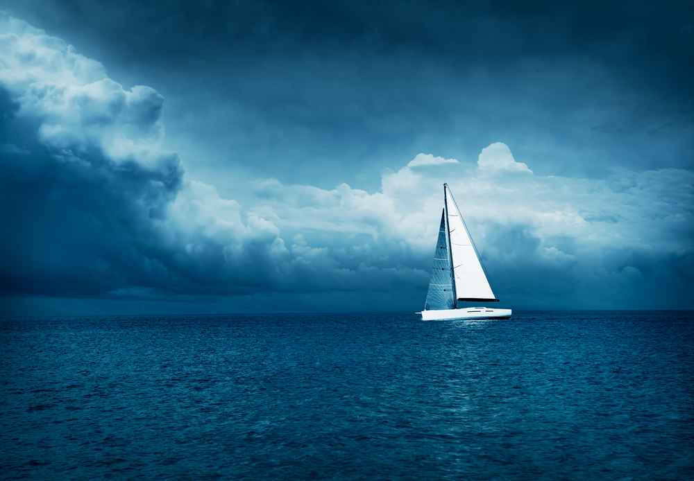 White,Yacht,Sailing,In,Stormy,Sea.,Dark,Thundery,Night,Background ...