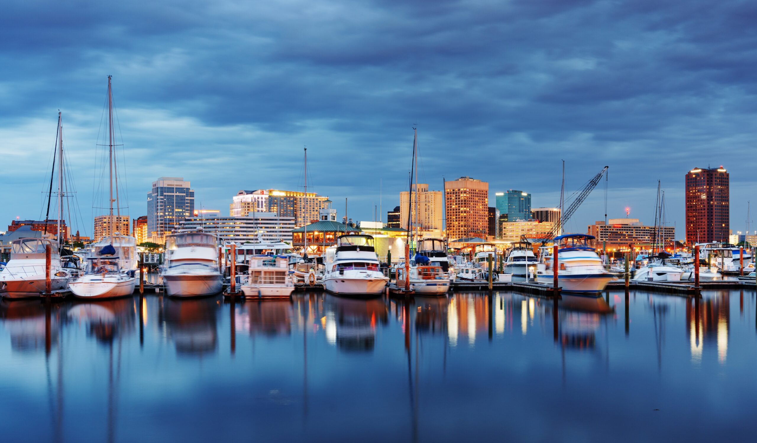 Norfolk, Virginia, USA on the Chesapeake Bay at twilight.