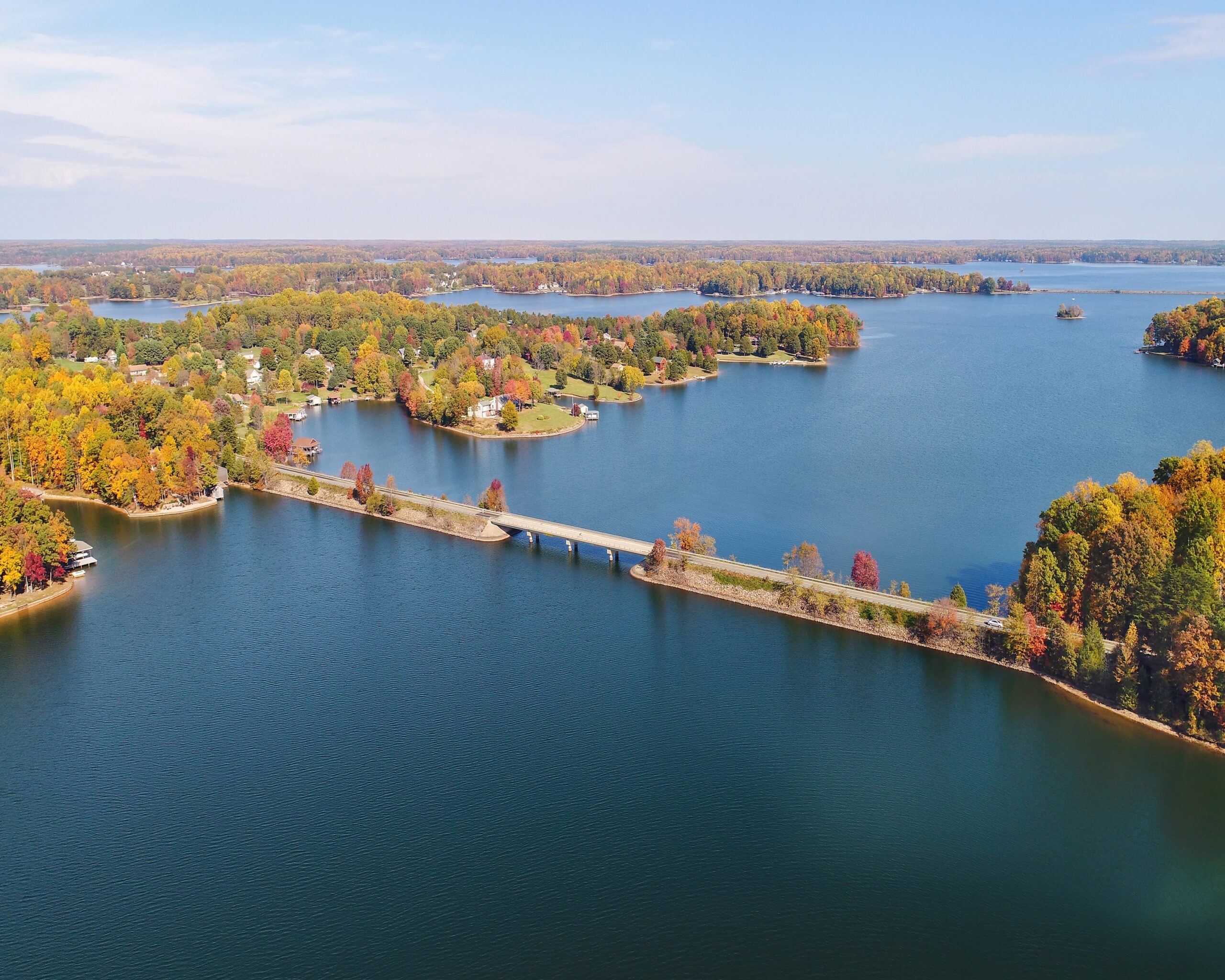 Autumn at Lake Anna Virginia's private side. Colorful landscape surrounded by blue green lake water