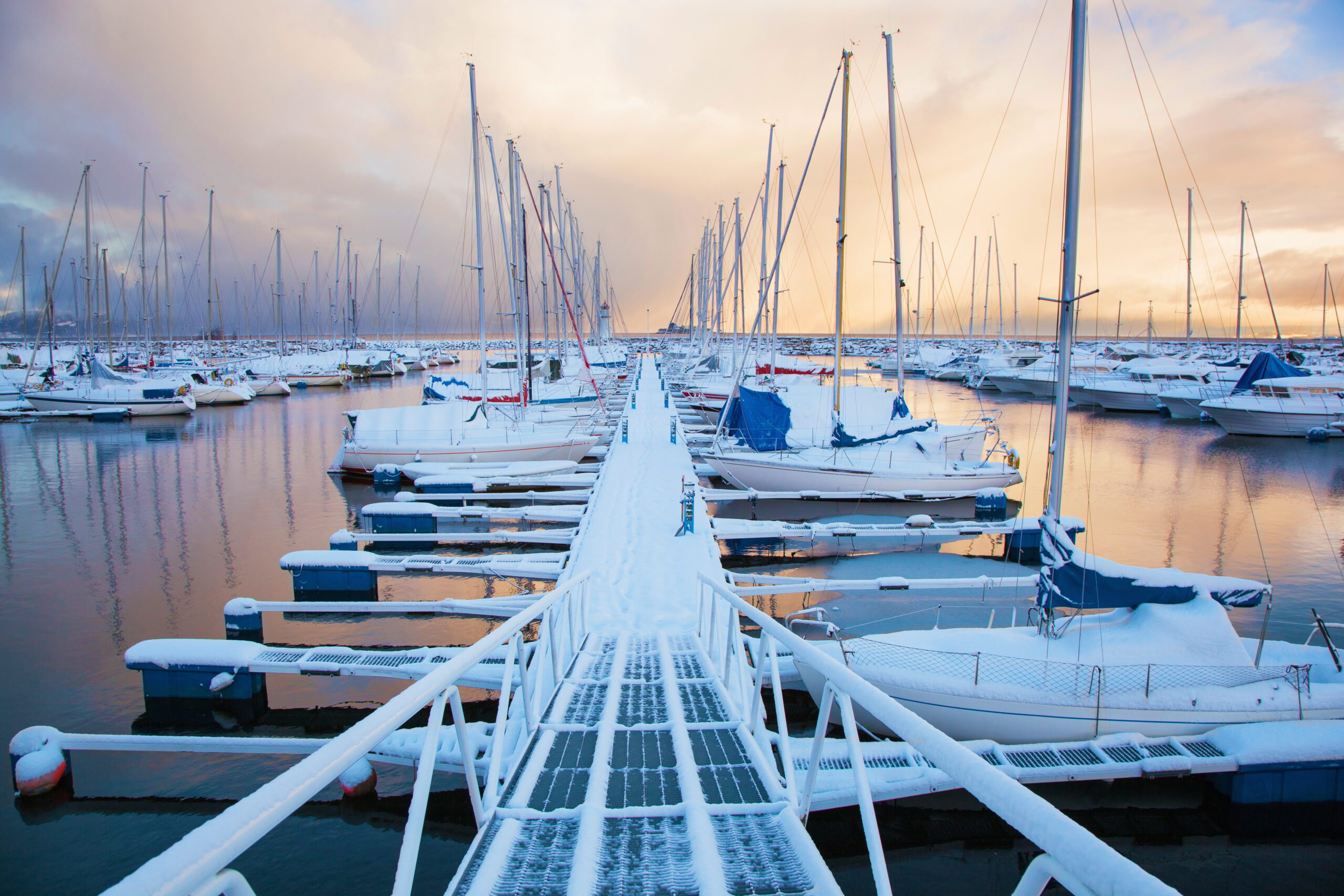 winterized boats at marina dock