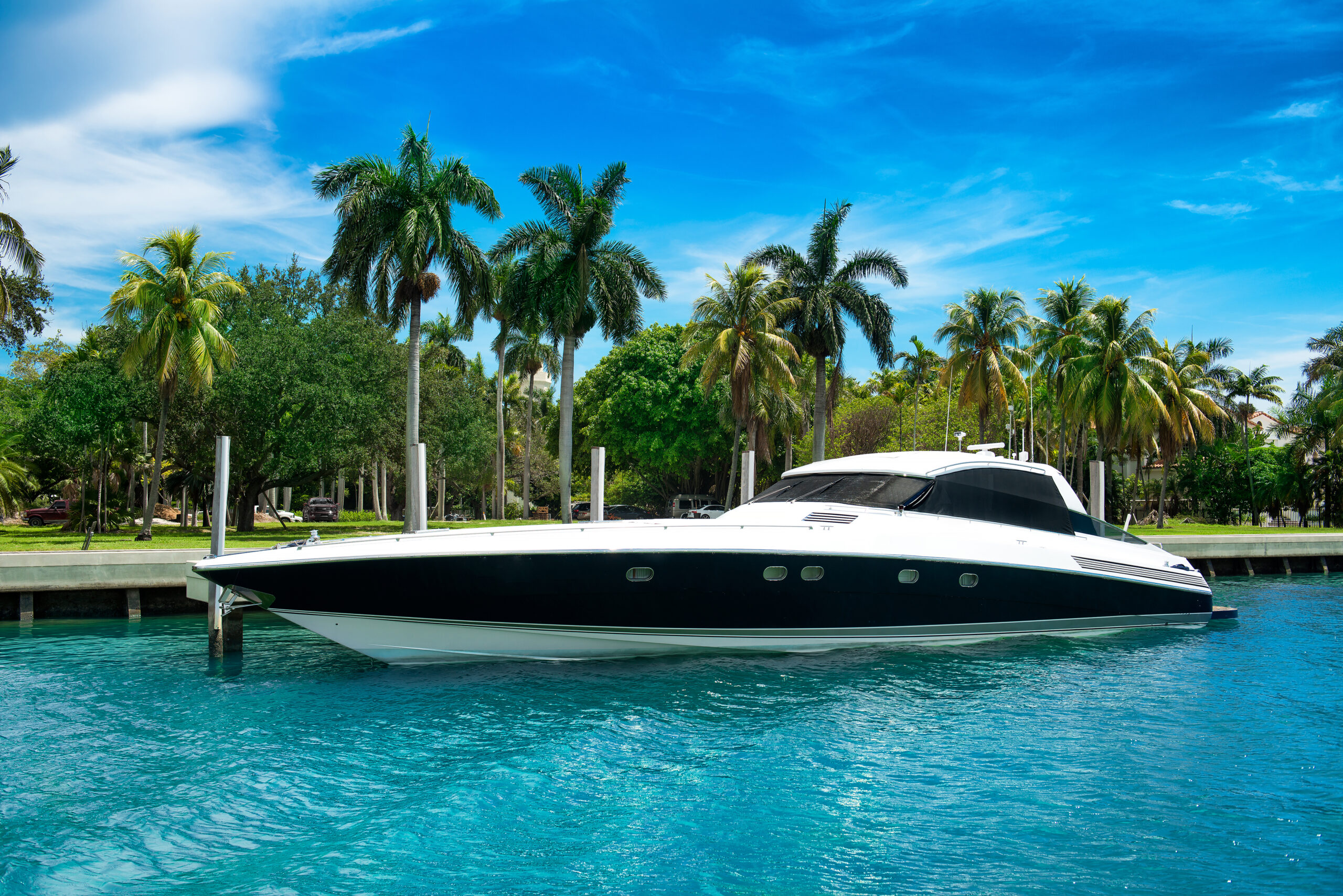 yacht in the water with palm trees