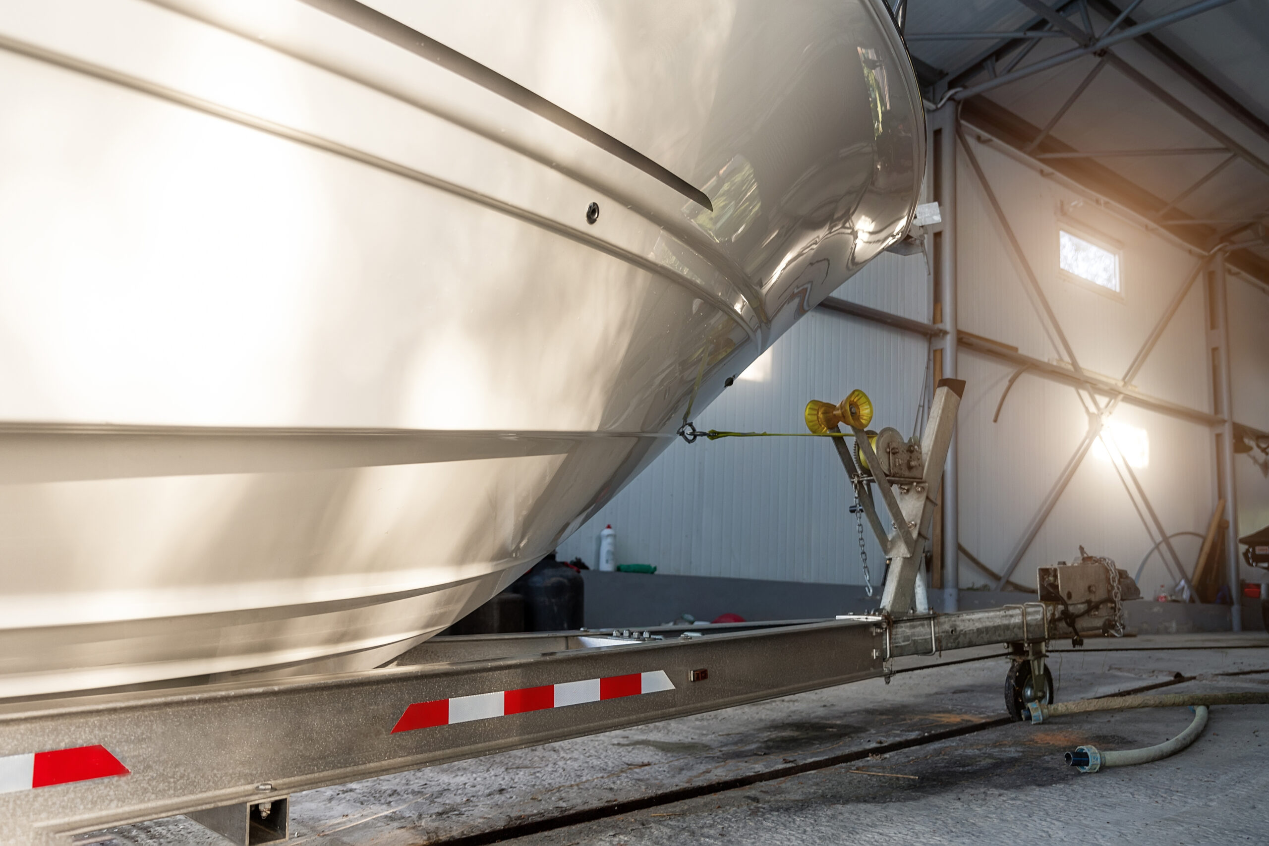 boat storage on trailer in garage