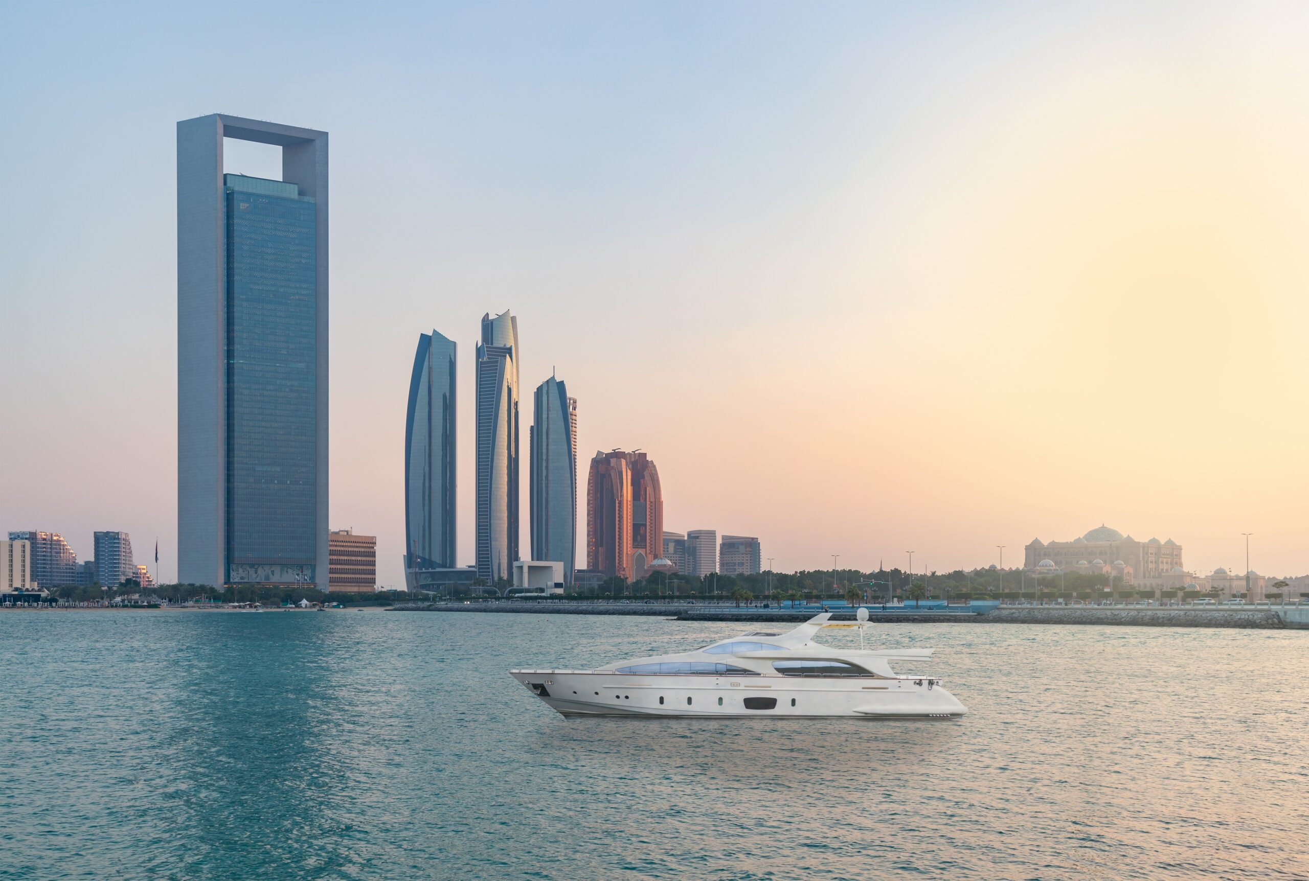 picture of yacht and city skyline 